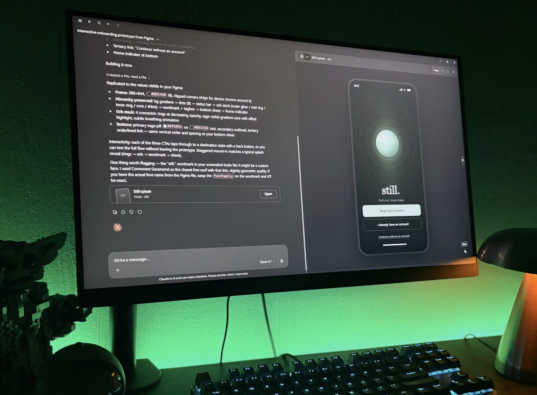 A monitor showing an AI assistant building an interactive mobile prototype from a Figma design